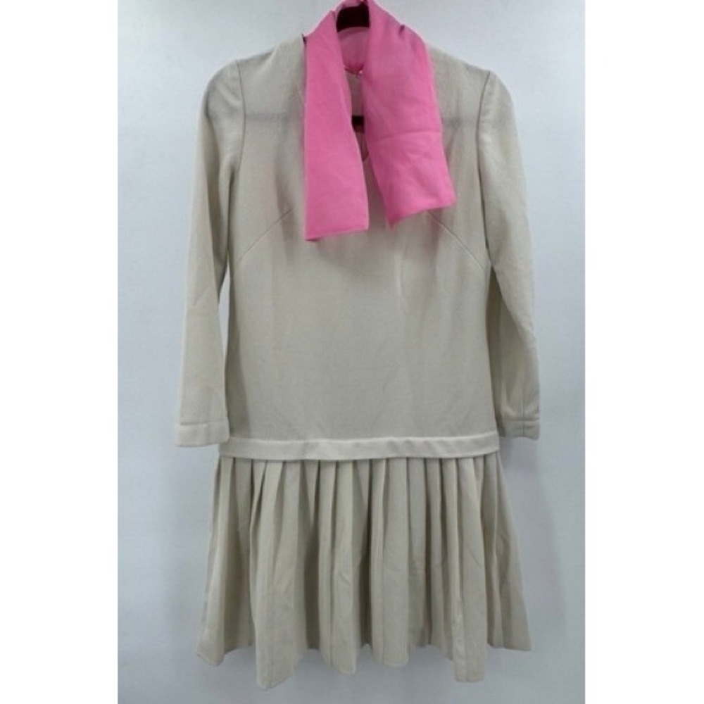 Vintage Carol Craig Cream Pleated Drop Waist Dress LARGE Pink Scarf Mod Retro